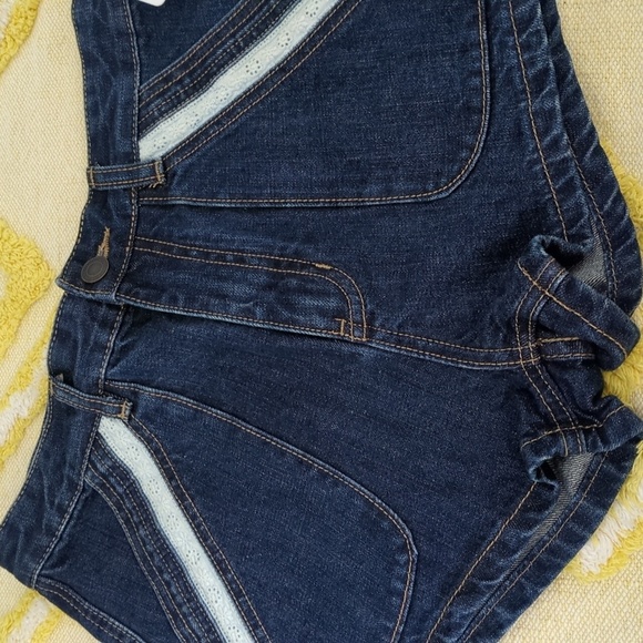 Free People Dark Wash White Eyelet Pockets Trim High Waisted Shorts - Picture 5 of 7